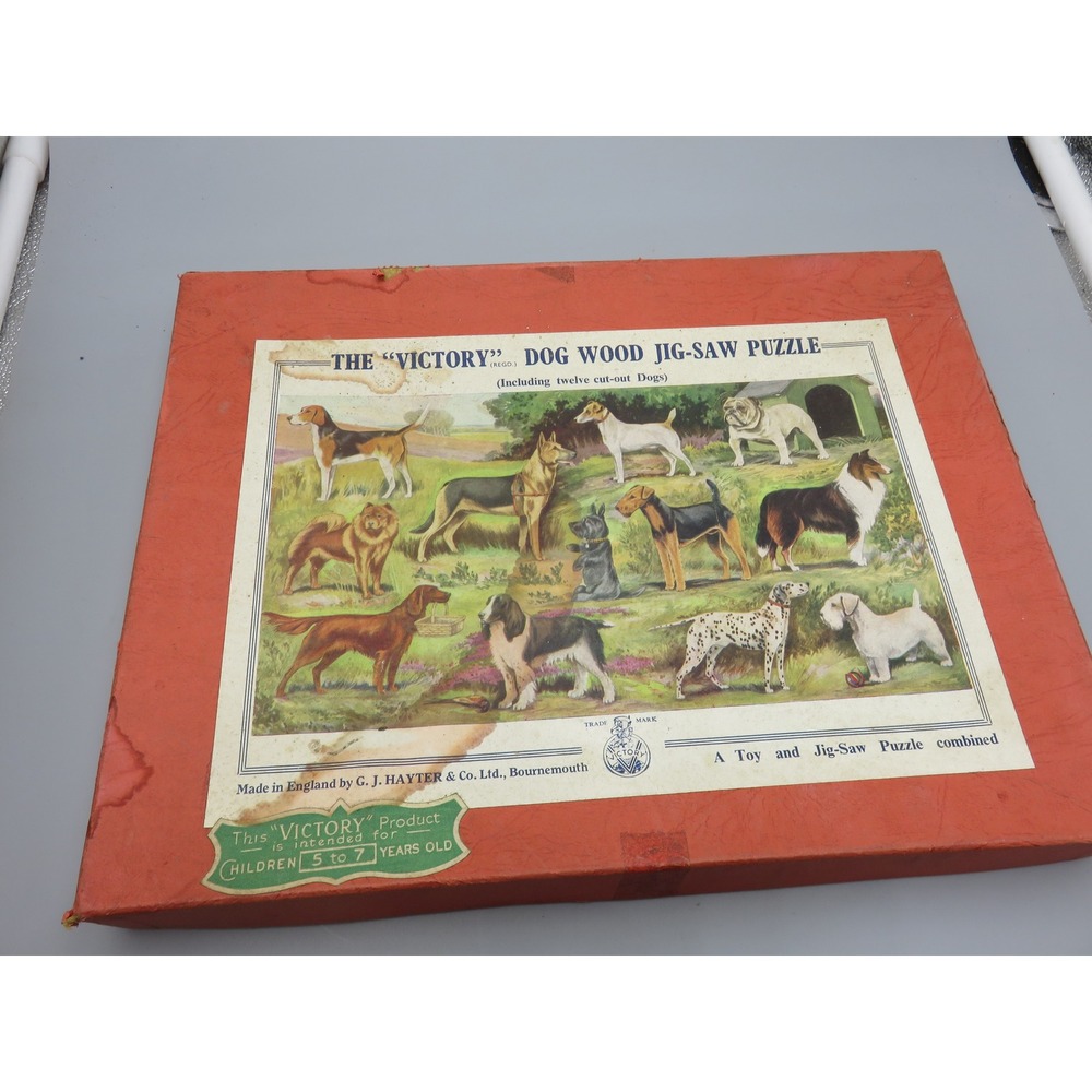 Vintage Victory Dog Wood Jigsaw Puzzle G J Hayter Bournemouth England 12 Breeds